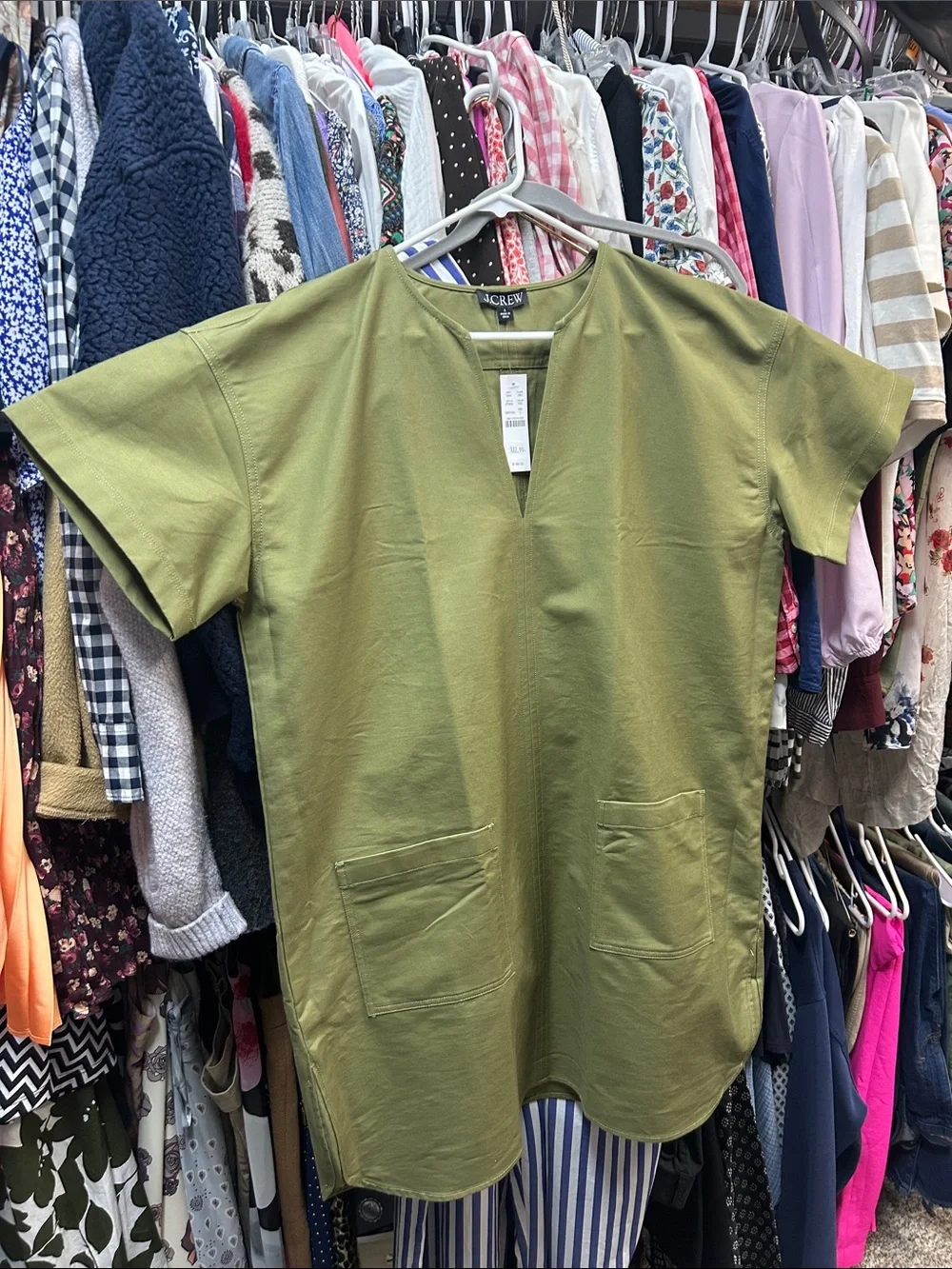 J. Crew Olive Green Split-Neck Tunic with Front Pockets